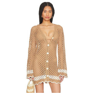 LPA Lanita Crochet Mini Dress button front tan sweater dress XS $278